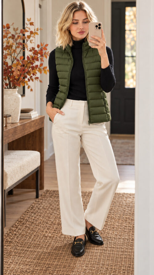Autumn mirror selfie in an olive vest Women’s Lightweight Quilted Puffer Vest with Stand Collar