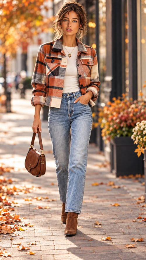 Autumn walk in a plaid jacket (1) Zeagoo Women’s Cropped Plaid Flannel Shirt Jacket
