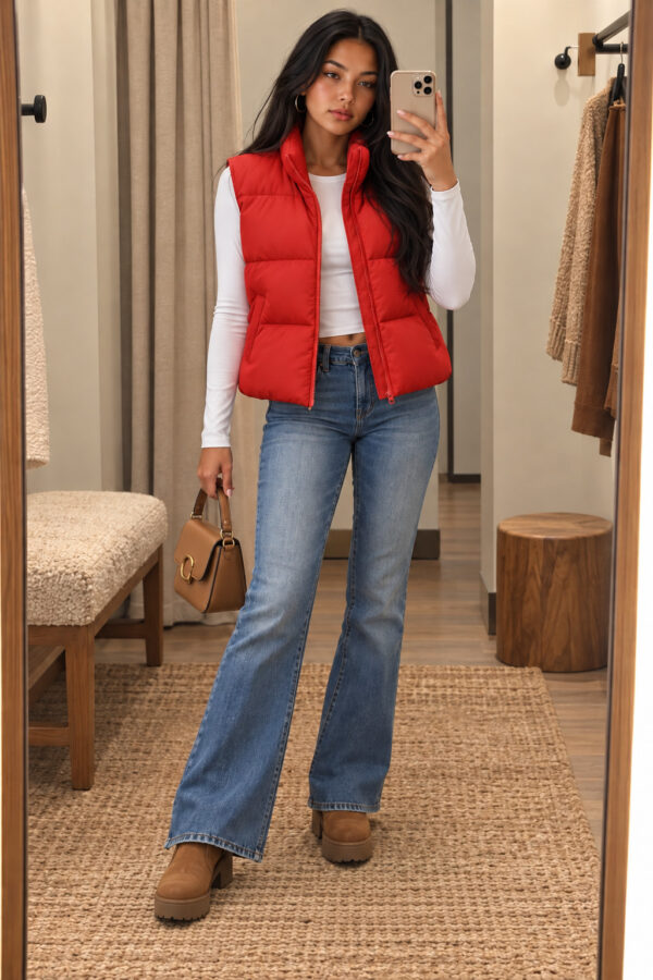 Zeagoo Women’s Red Cropped Puffer Vest with Stand Collar