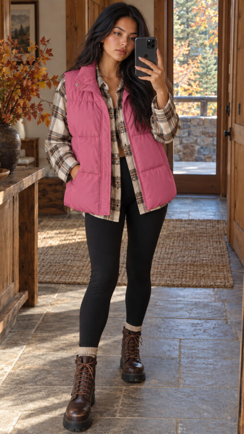 Mirror selfie in a pink vest Zeagoo Women’s Pink Puffer Vest with Stand Collar