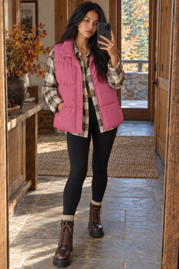 Mirror selfie in a pink vest Zeagoo Women’s Pink Puffer Vest with Stand Collar