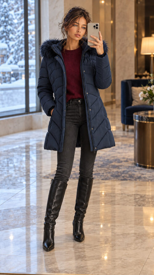Winter coat mirror selfie in hotel lobby Women’s Navy Blue Long Winter Parka Coat with Pockets
