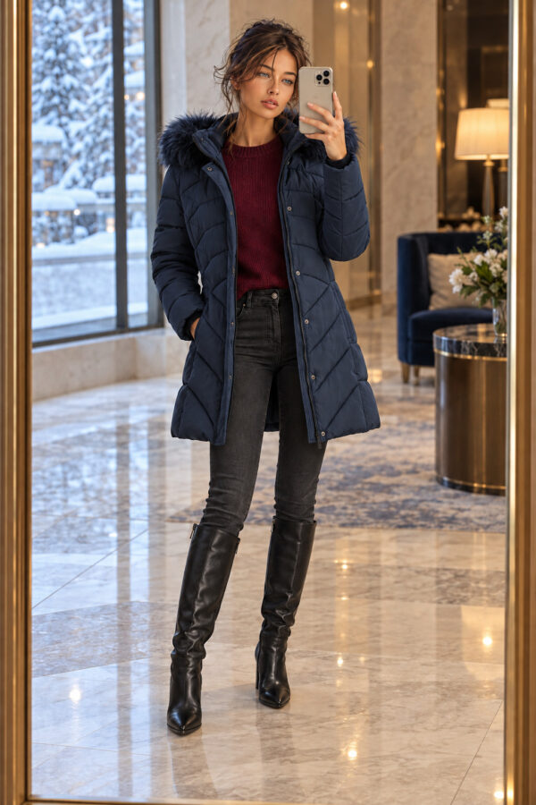 Women’s Navy Blue Long Winter Parka Coat with Pockets